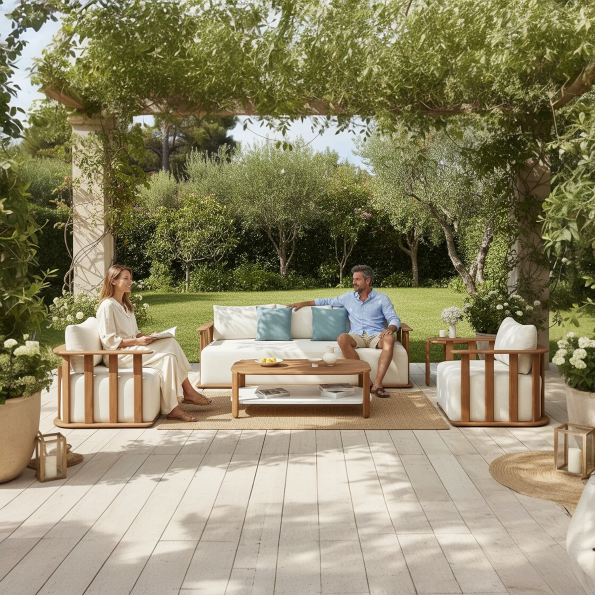 Roma 5-seat slatted solid teak outdoor sofa set with coffee table – shown outdoors (2)