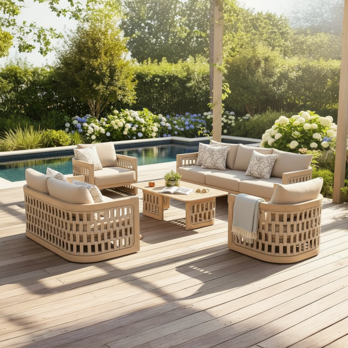 Palma solid teak and rope outdoor armchair – shown outdoors