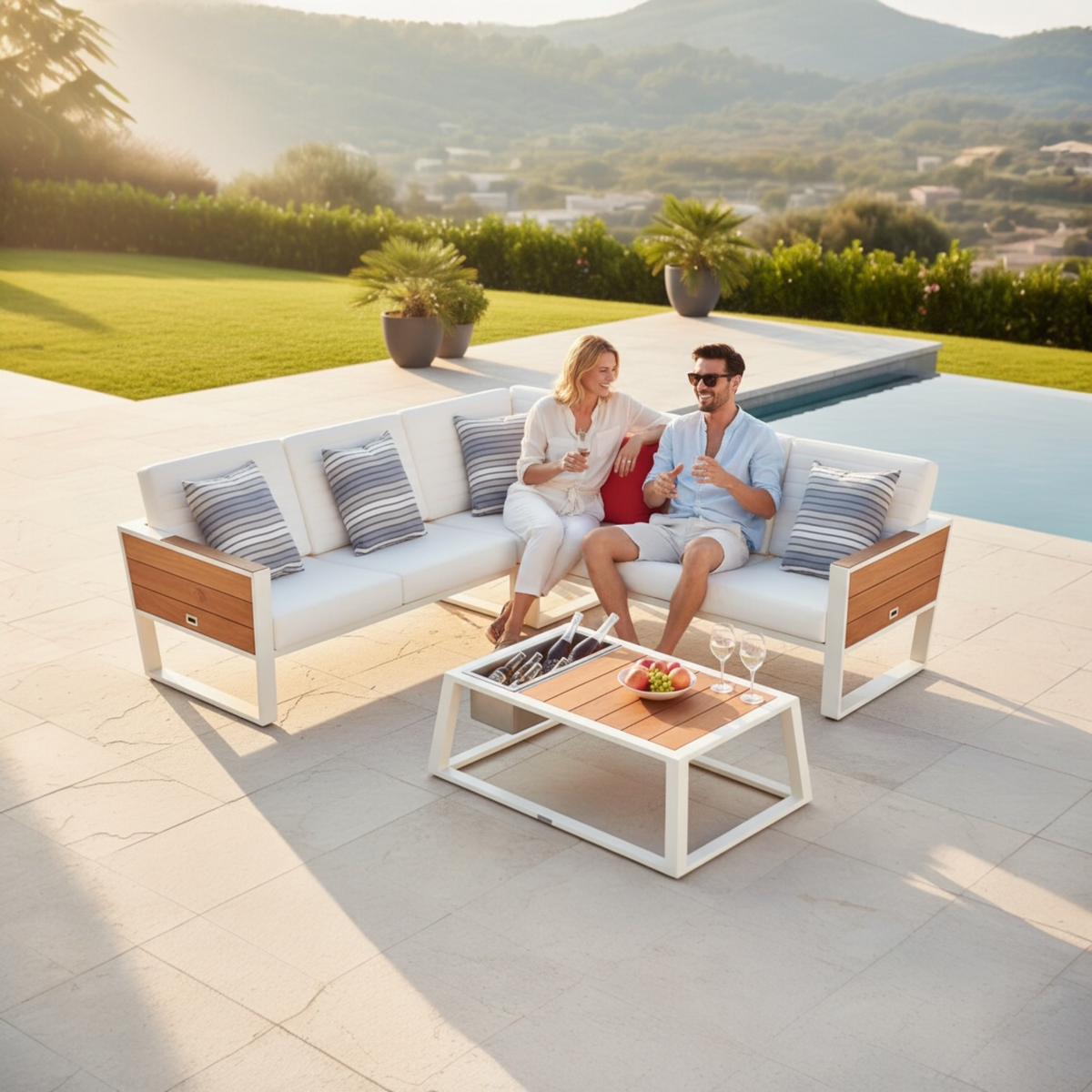 York Cosy aluminum and teak outdoor sectional with ice bucket coffee table – shown outdoors