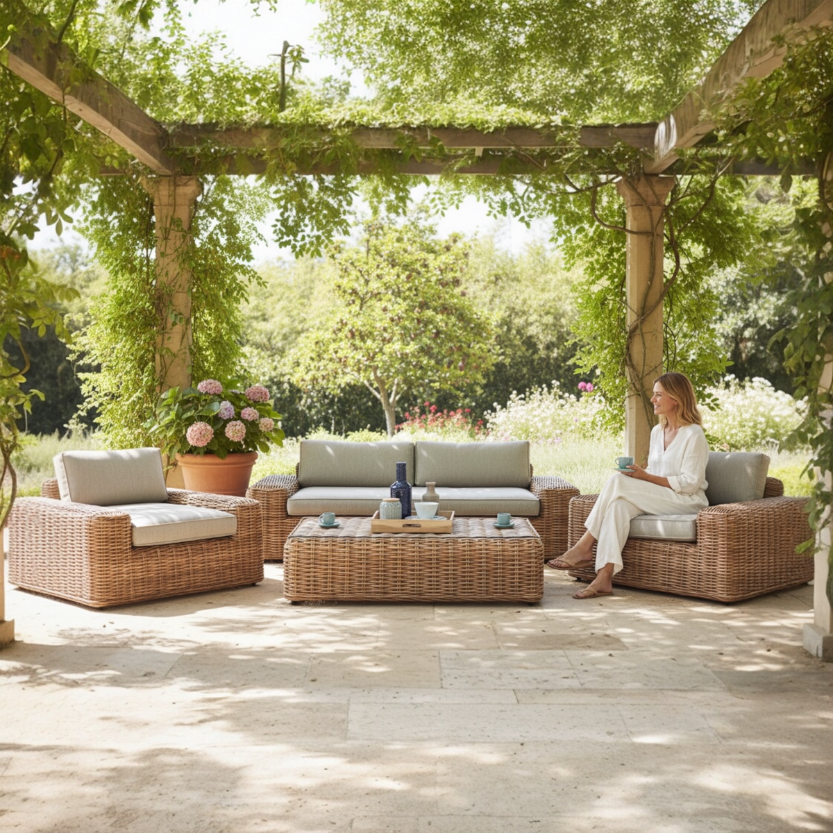 Bali round resin wicker patio set with 3-seat sofa, two armchairs and glass table – shown outdoors