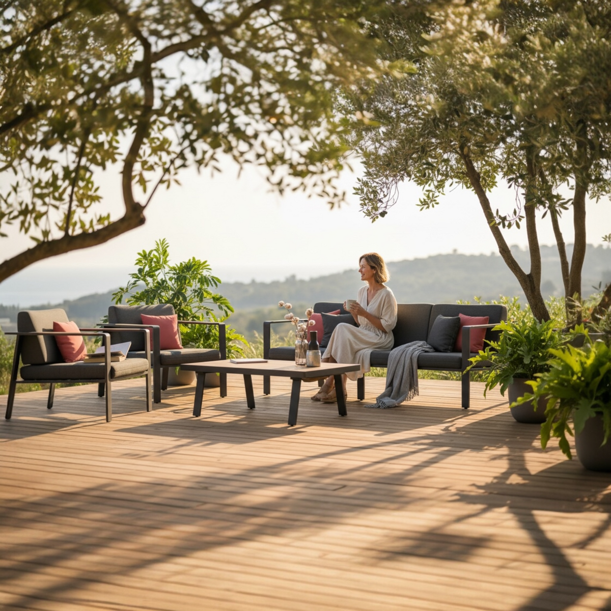 Noffy Plus matte black aluminum and teak 5-seat patio set – shown outdoors
