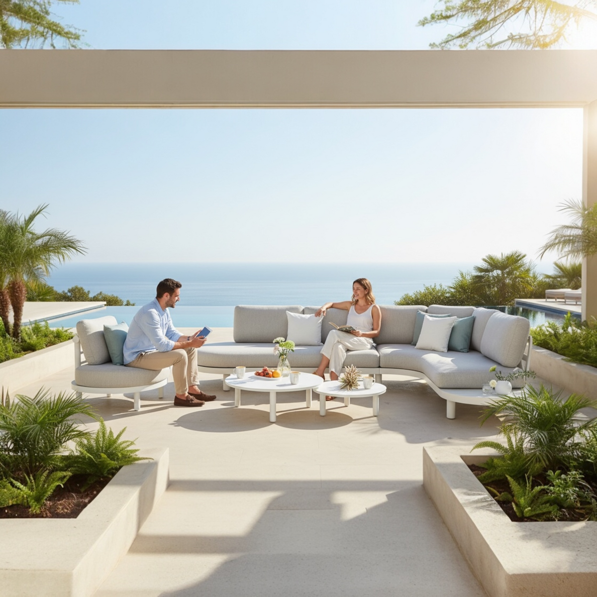 Alba gray aluminum corner sofa set with ceramic and aluminum coffee tables – shown outdoors