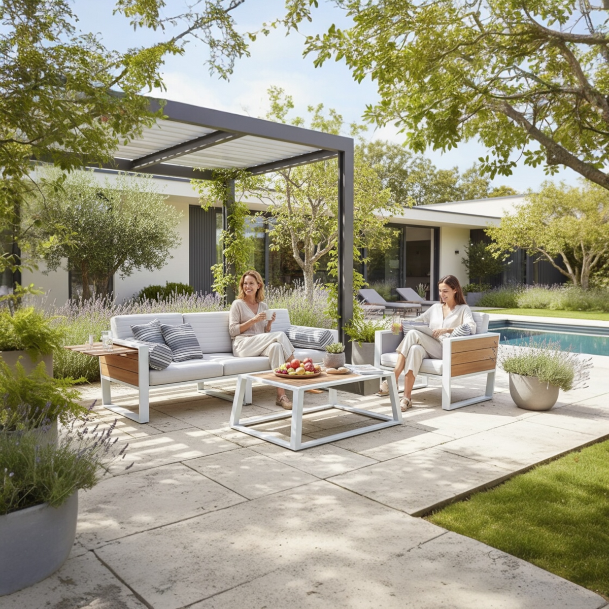 York aluminum and teak patio set with ice bucket coffee table and white cushions – shown outdoors (2)