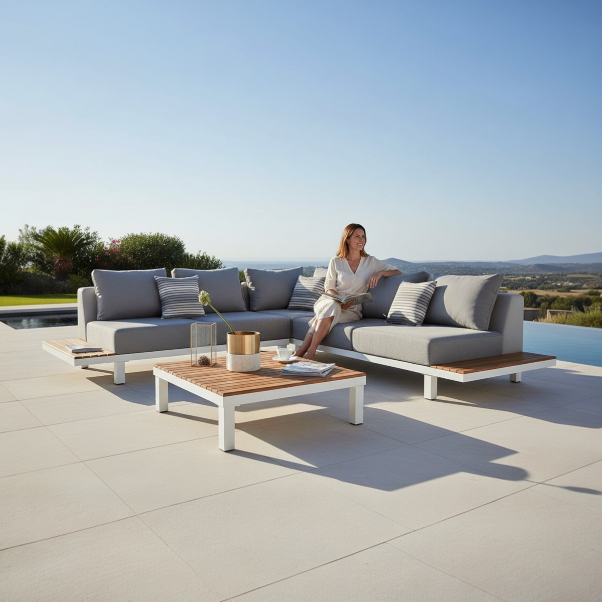 Orsy Cosy 5-seat white aluminum and teak corner sofa set – shown outdoors