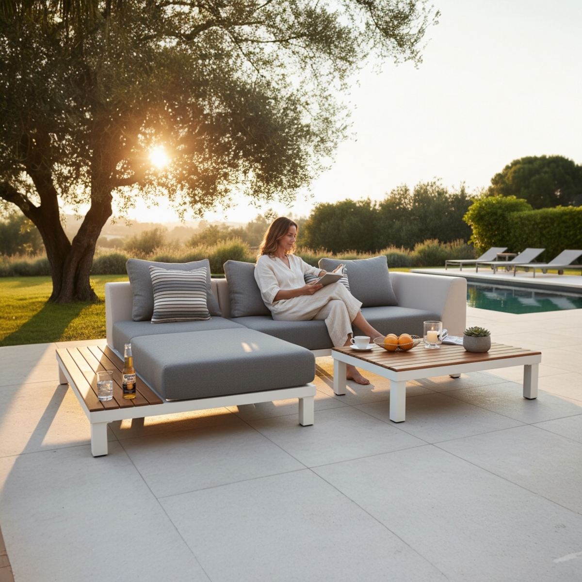 Orsy Mini white aluminum and teak 2-in-1 patio lounge set with sunbed – shown outdoors