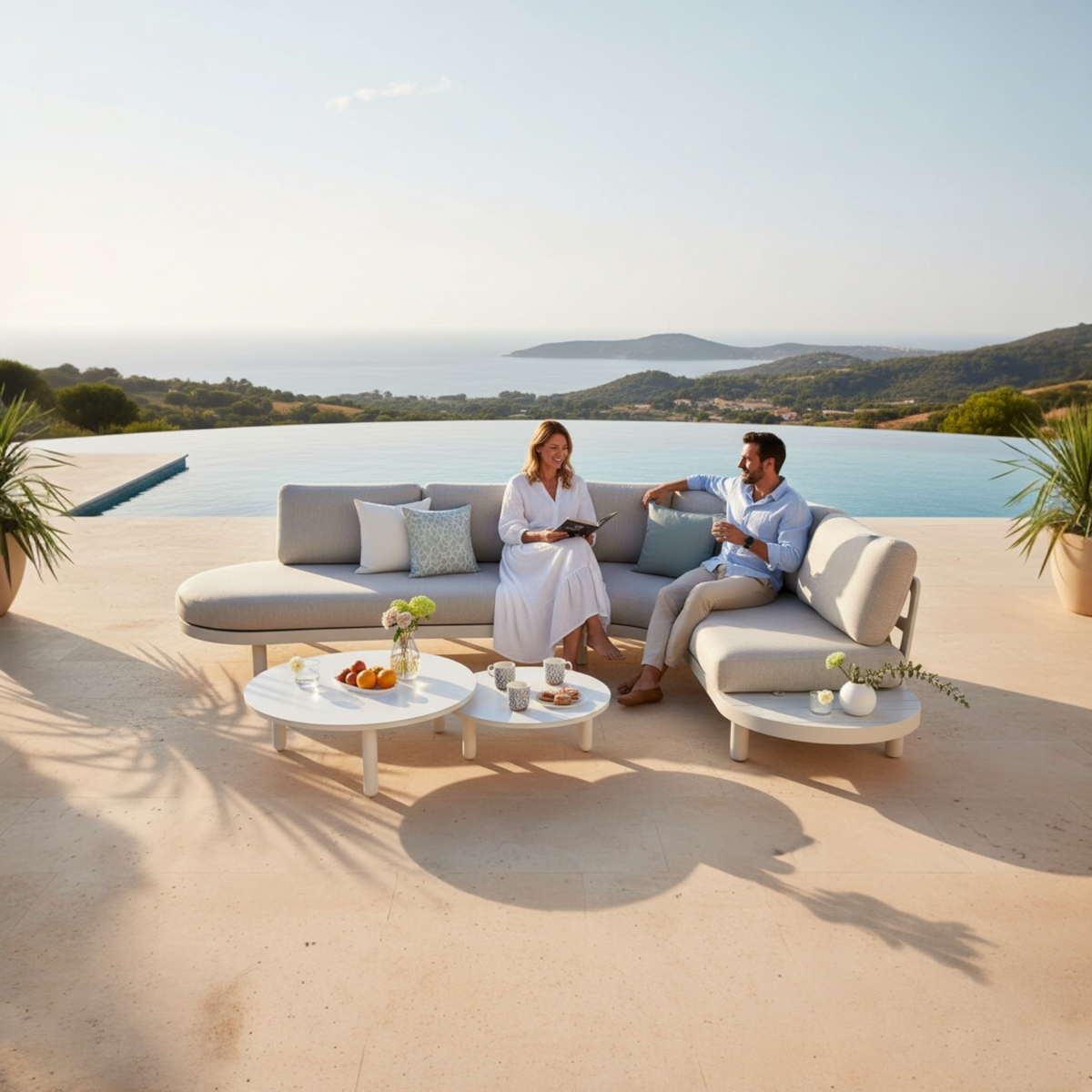 Alba white aluminum corner sofa set with ceramic and aluminum coffee tables – shown outdoors (3)