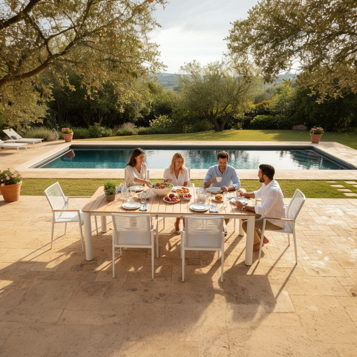 April white aluminum teak-top outdoor dining table – shown outdoors (3)