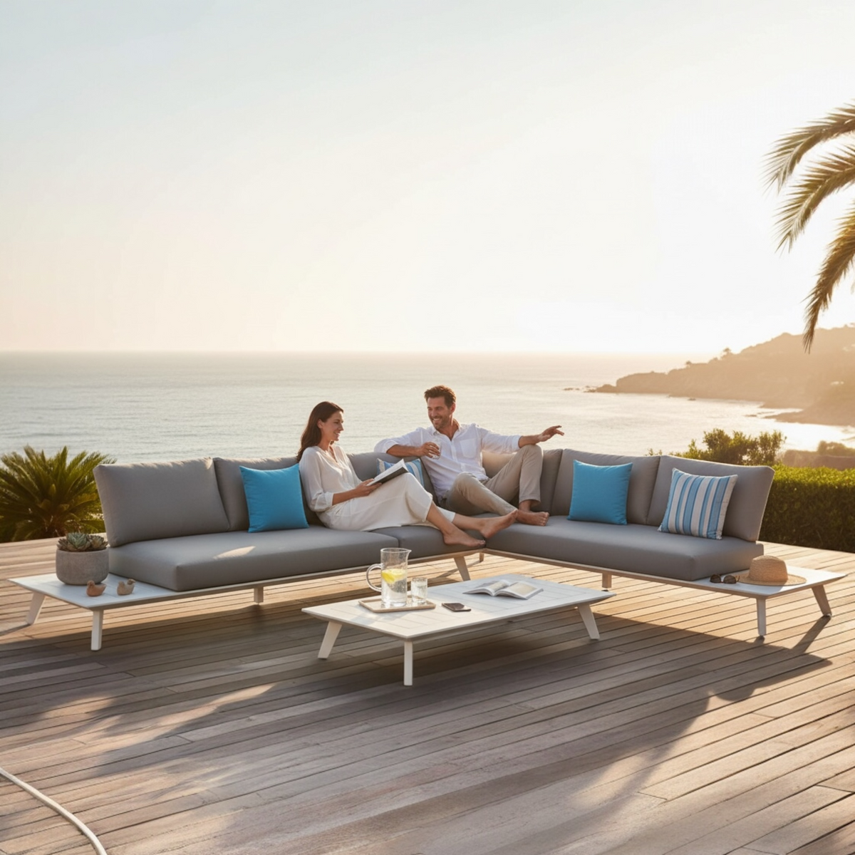 Tiny 6-seat white modular aluminum outdoor sofa – shown outdoors