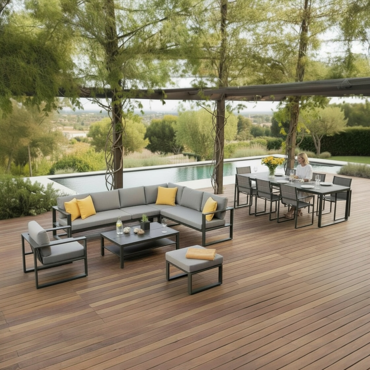 Belly Cool black aluminum outdoor sectional with lift-top coffee table – shown outdoors (2)