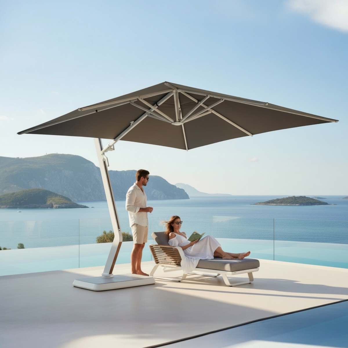 Aily white aluminum 3 x 3 m cantilever umbrella – shown outdoors