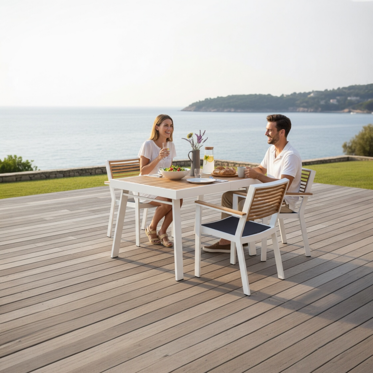 York white aluminum and teak bistro dining set for four – shown outdoors
