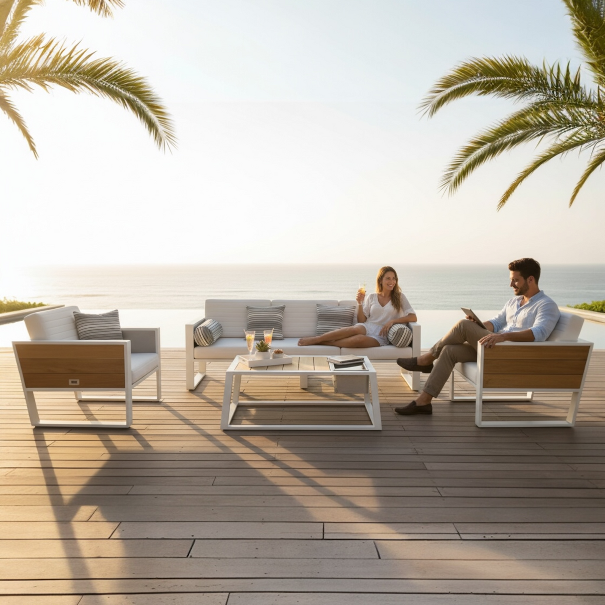 York aluminum and teak patio set with ice bucket coffee table and white cushions – shown outdoors
