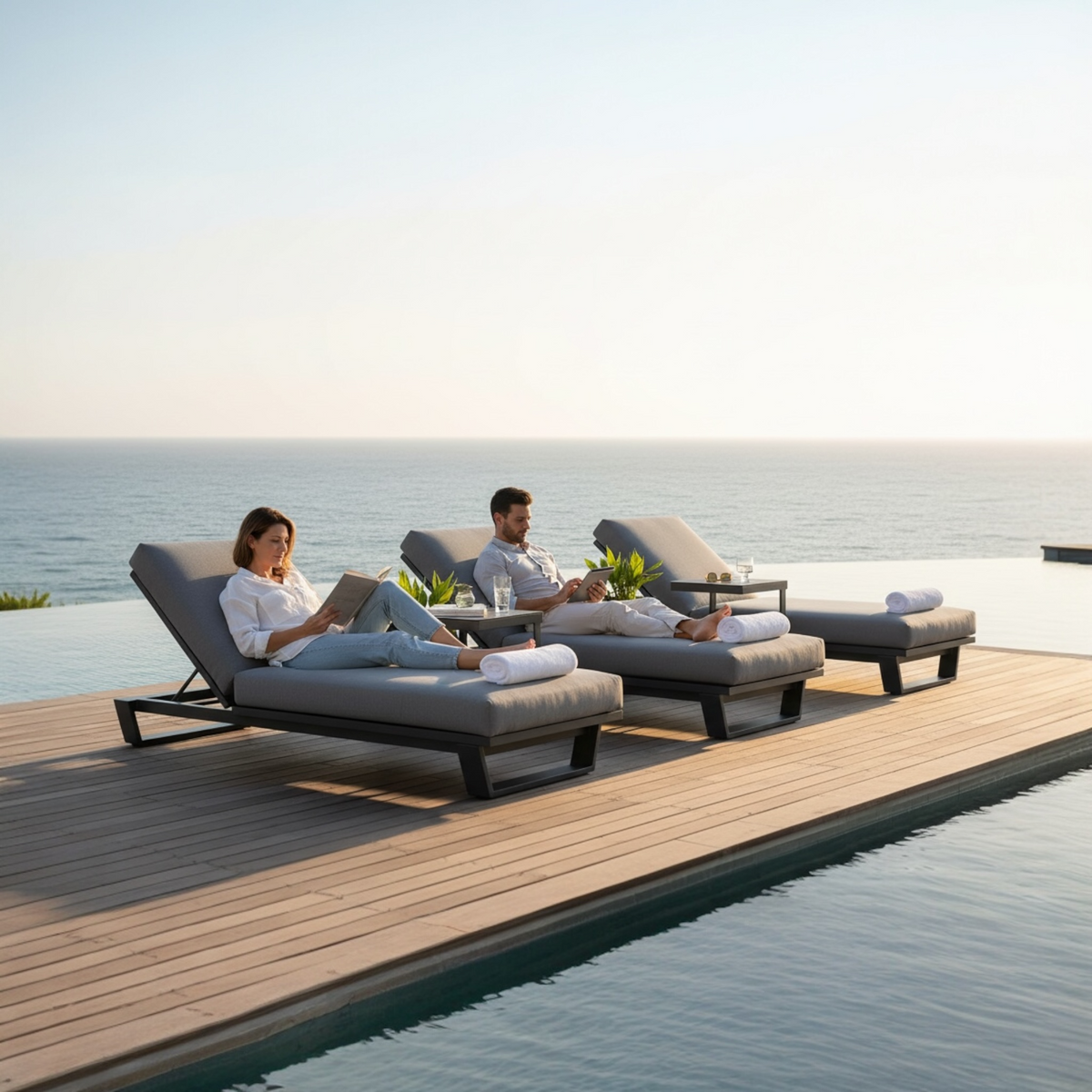 Pagino black aluminum chaise lounge with cushion – shown outdoors