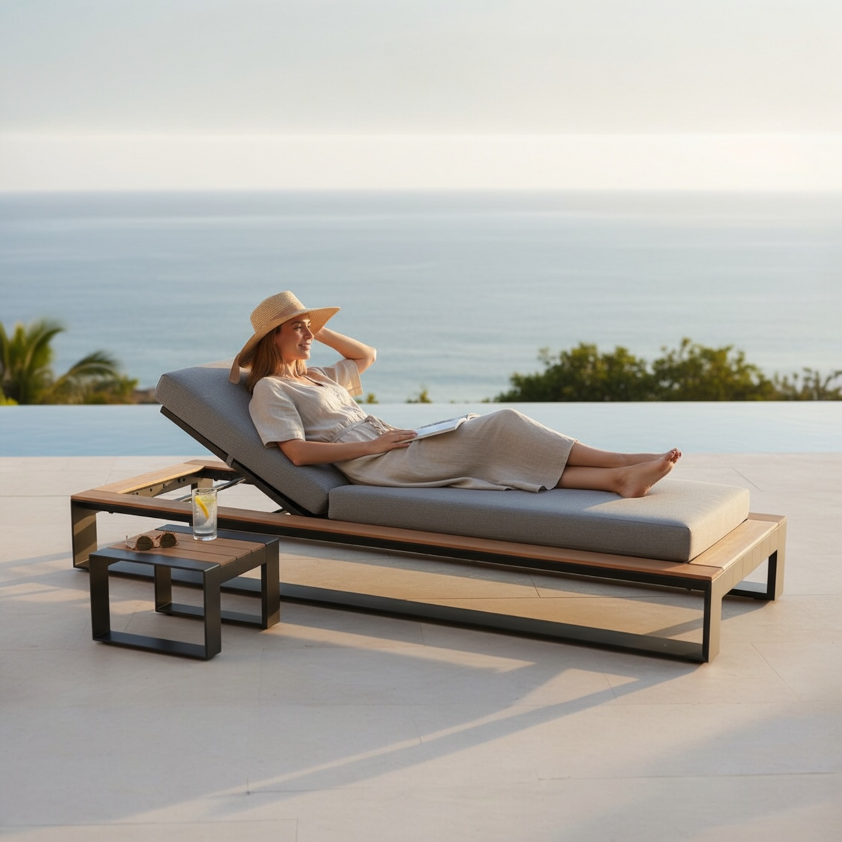 Sofy aluminum chaise lounge with teak armrests and side table – shown outdoors (2)