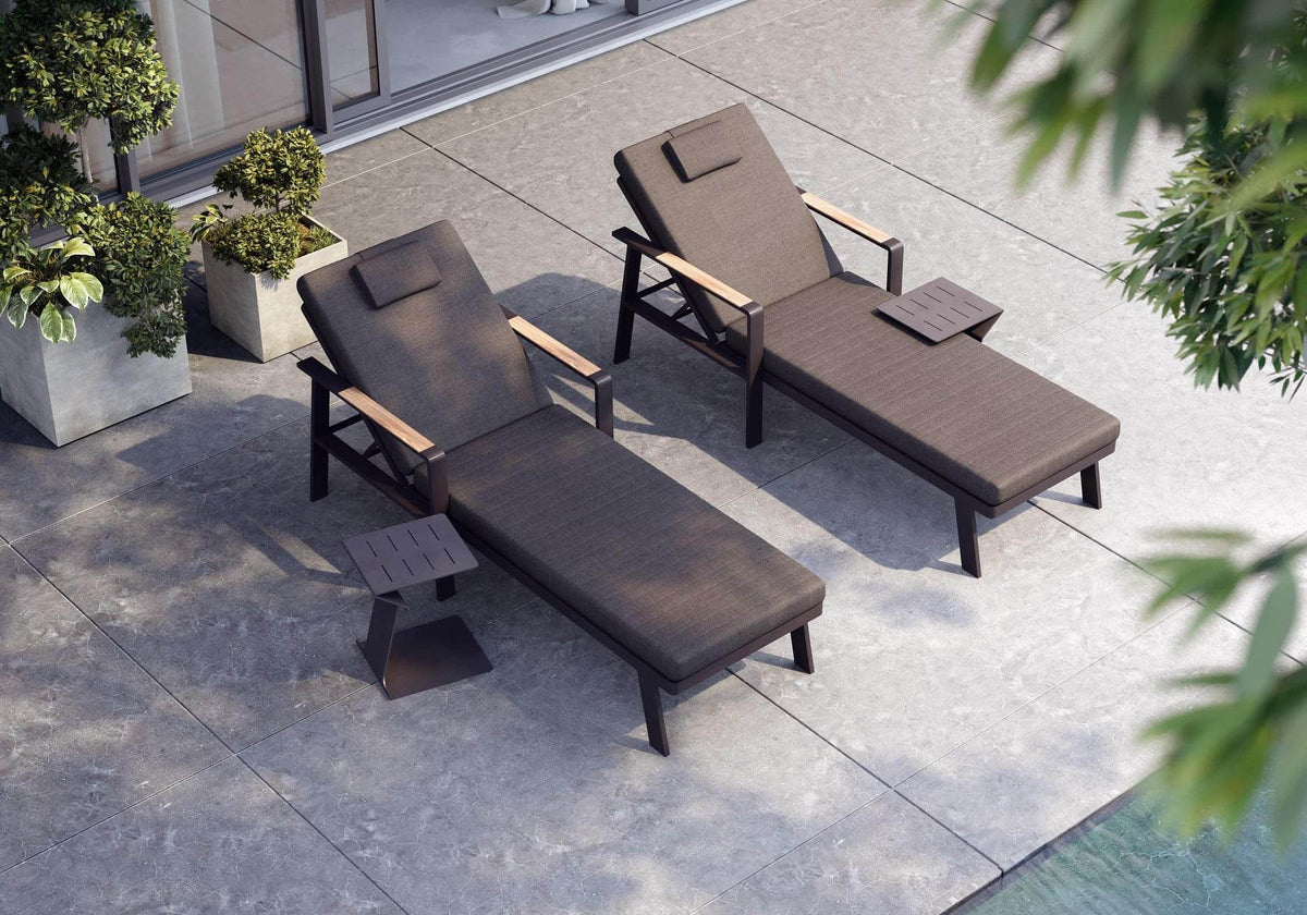 Noffy black aluminum and teak chaise lounges, set of 2 with side table – shown outdoors (3)