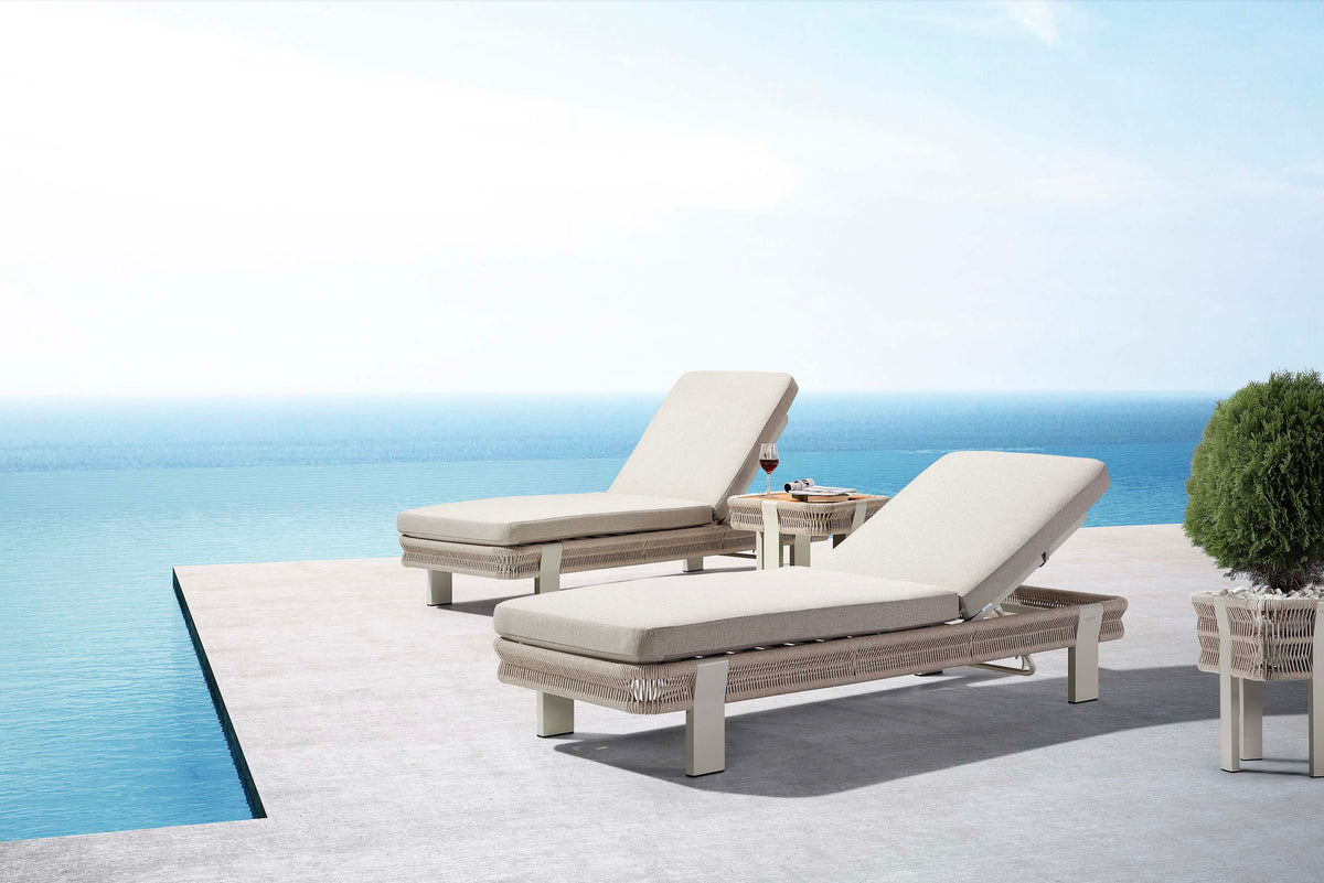 Olby aluminum and rope chaise lounges, set of 2 with teak table – shown outdoors (6)