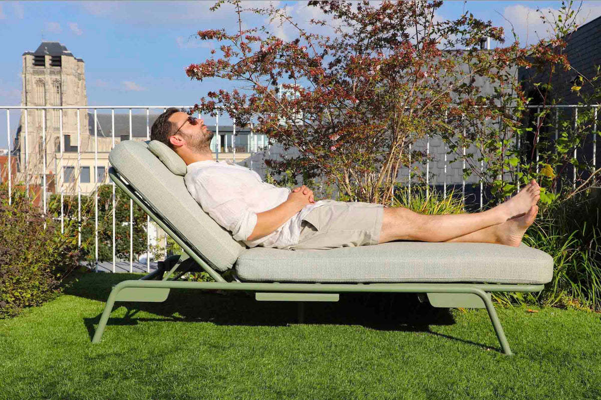 Sunny green convertible aluminum outdoor sofa lounger – shown outdoors (6)