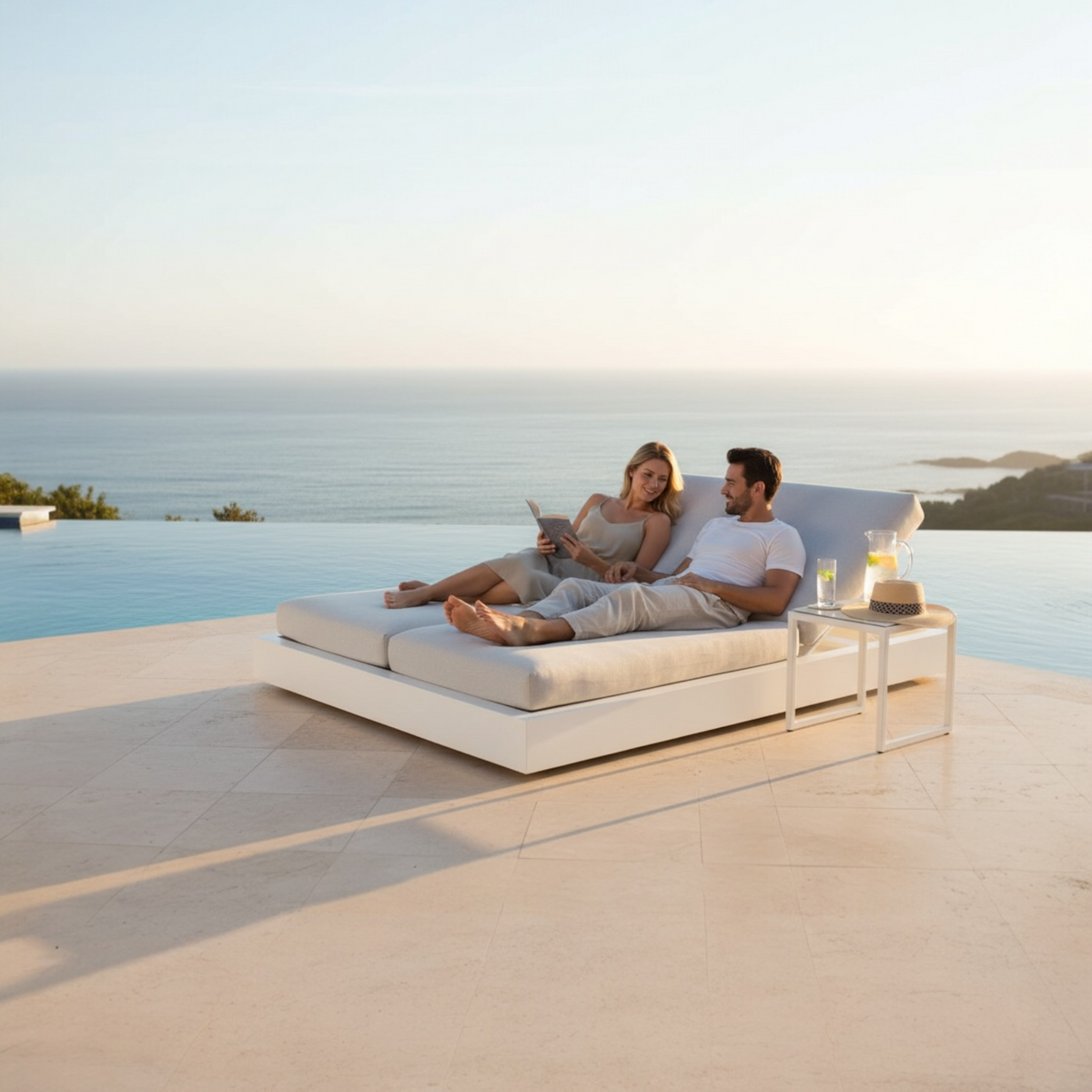 Como Bed white aluminum double chaise lounge – shown outdoors (2)