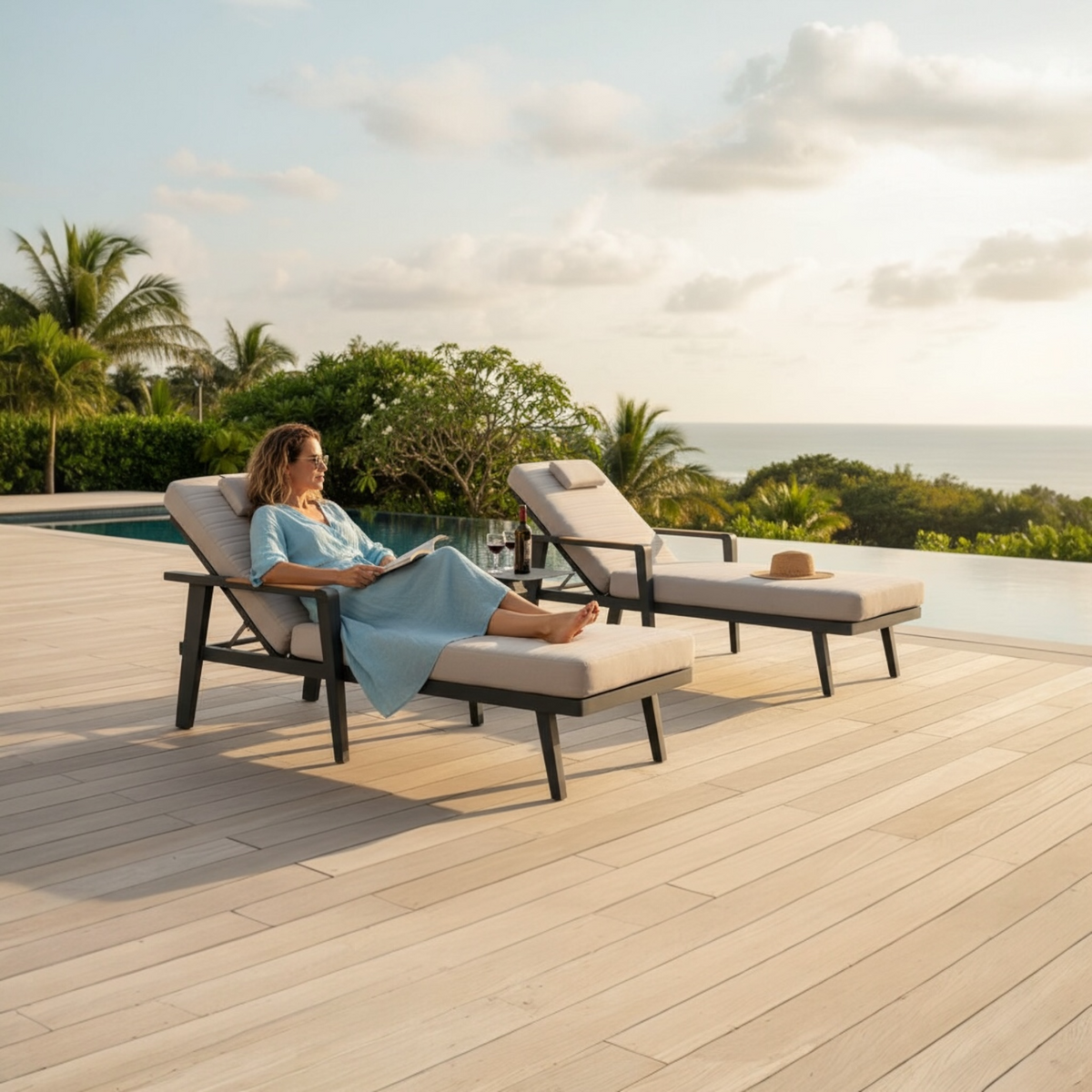 Lovy aluminum and teak chaise lounges, set of 2 – shown outdoors (2)