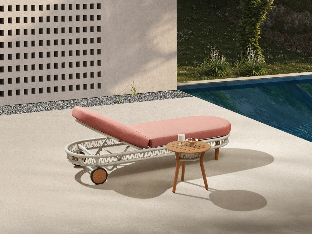 Rose rope and aluminum chaise lounge with pink cushion – shown outdoors (6)