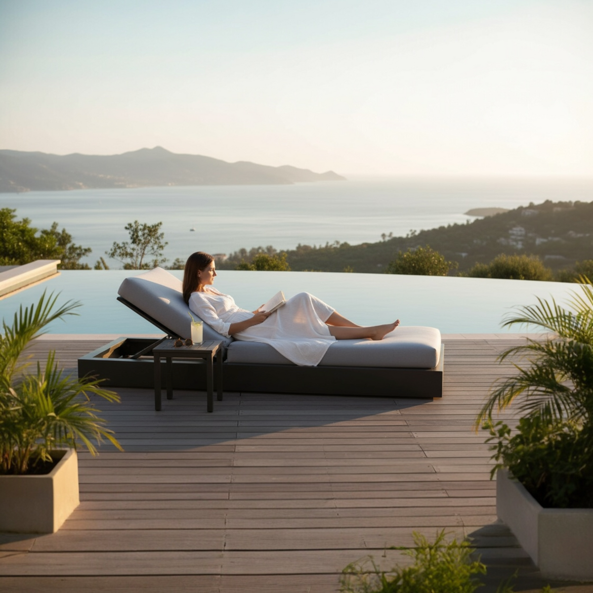 Como Bed black aluminum sunbed with padded cushion – shown outdoors (3)