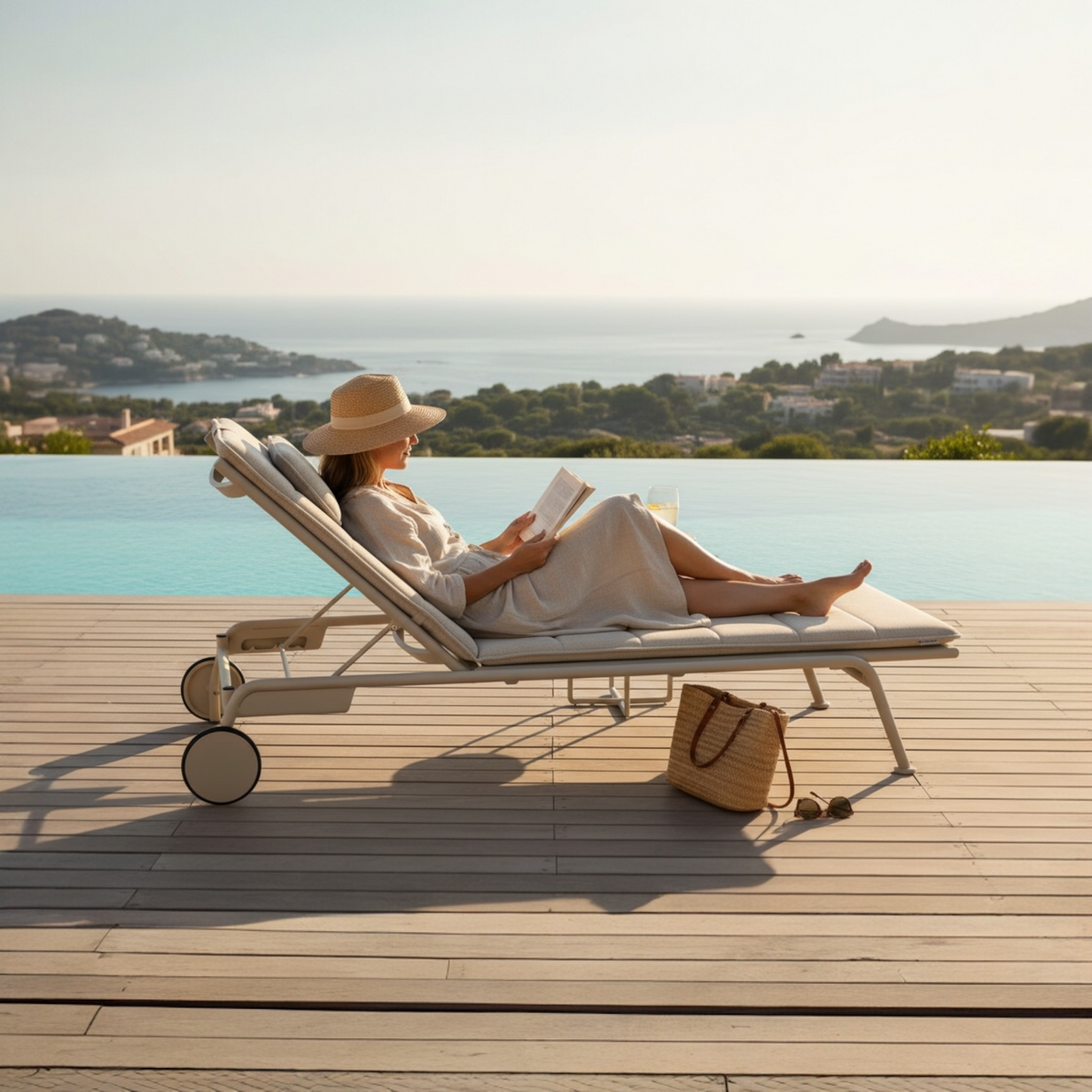 Sunny beige aluminum and textilene chaise lounges, set of 2 – shown outdoors (2)