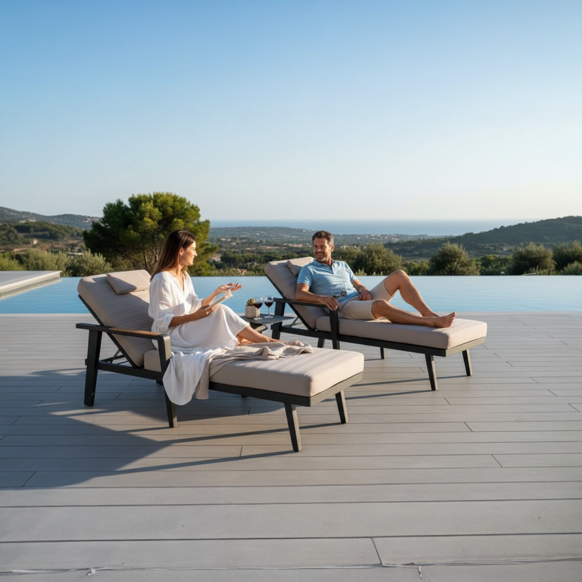 Lovy aluminum and teak chaise lounges, set of 2 – shown outdoors