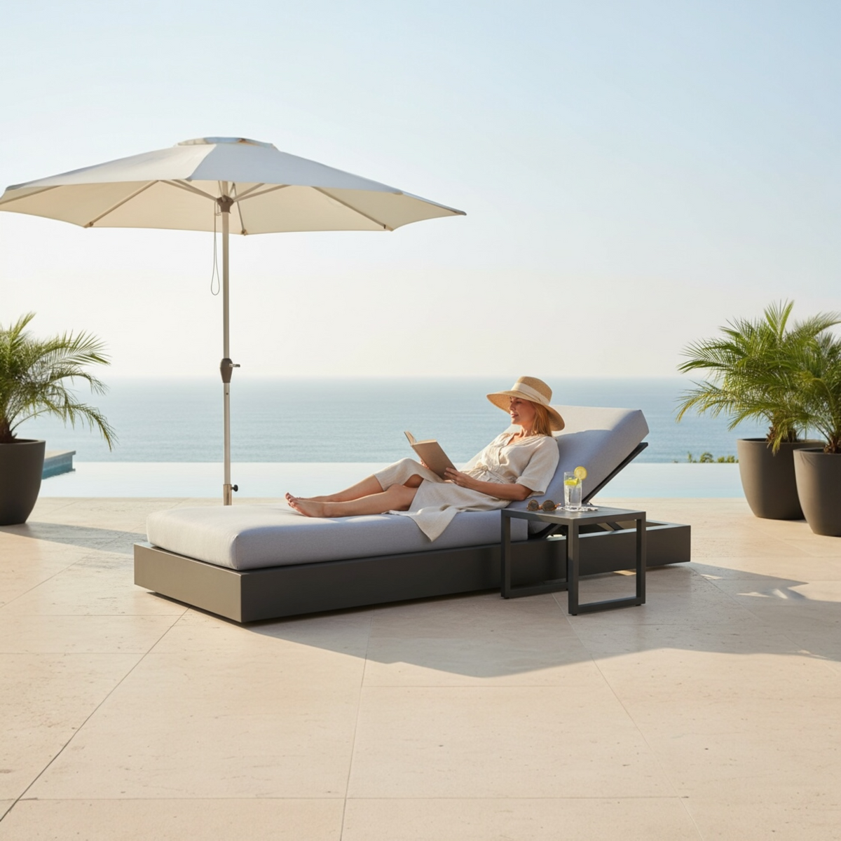 Como Bed black aluminum sunbed with padded cushion – shown outdoors (2)