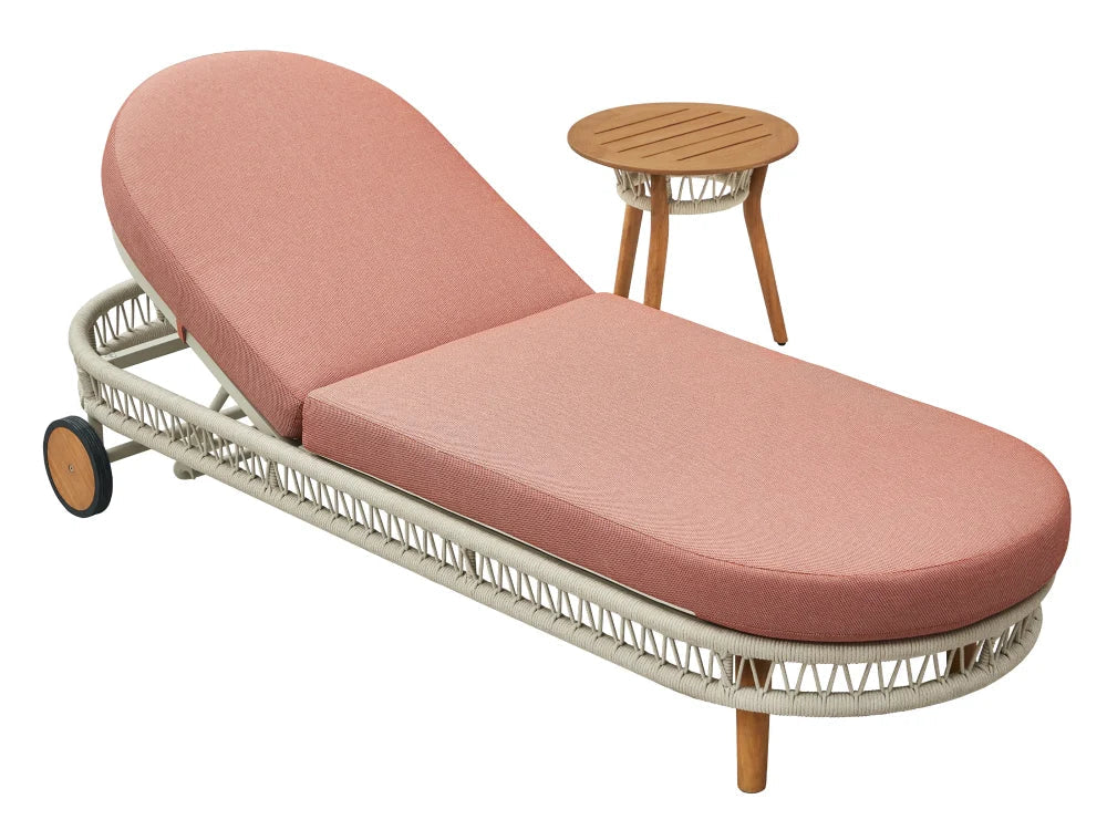 Rose rope and aluminum chaise lounge with pink cushion