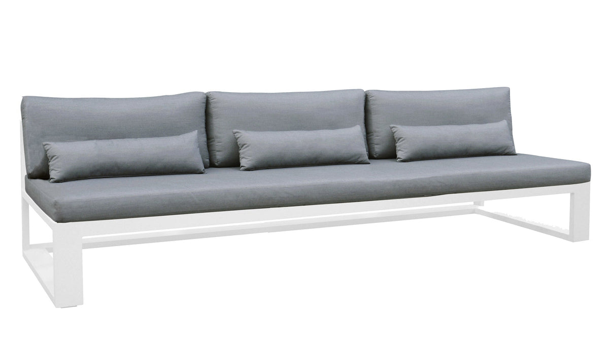Bench from the Como aluminum corner lounge set with gray cushions and lift-top coffee table – another view