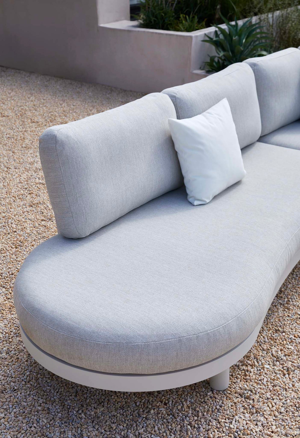 Bench from the Alba white aluminum corner sofa set with ceramic and aluminum coffee tables – close-up detail