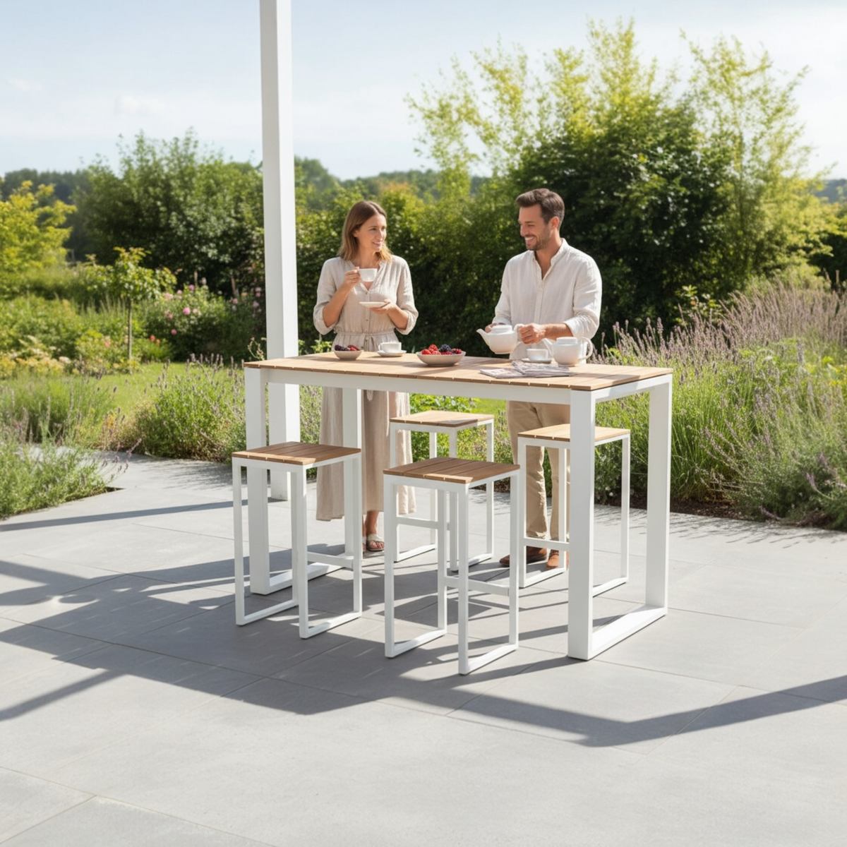 Como white aluminum and teak outdoor bar set with six stools – shown outdoors (2)