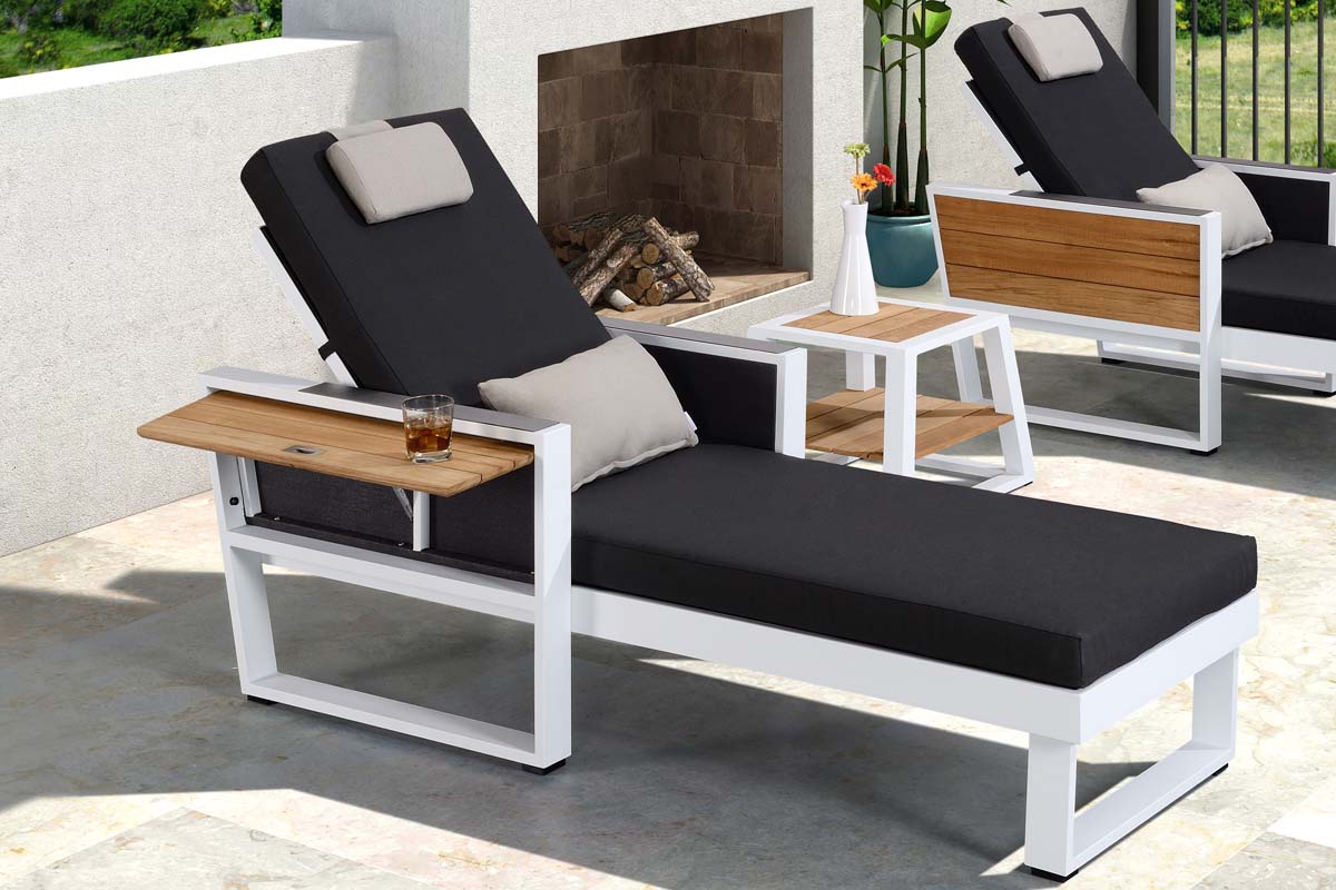 York white aluminum and teak chaise lounges, set of 2, black cushions – shown outdoors (4)