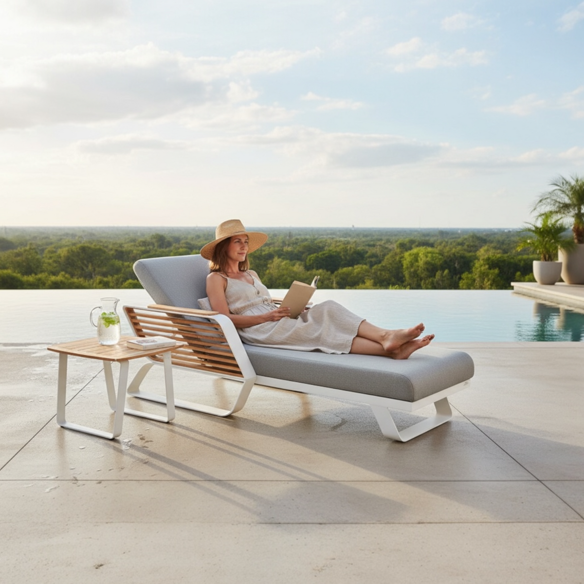 Aily aluminum and teak chaise lounge – shown outdoors (2)