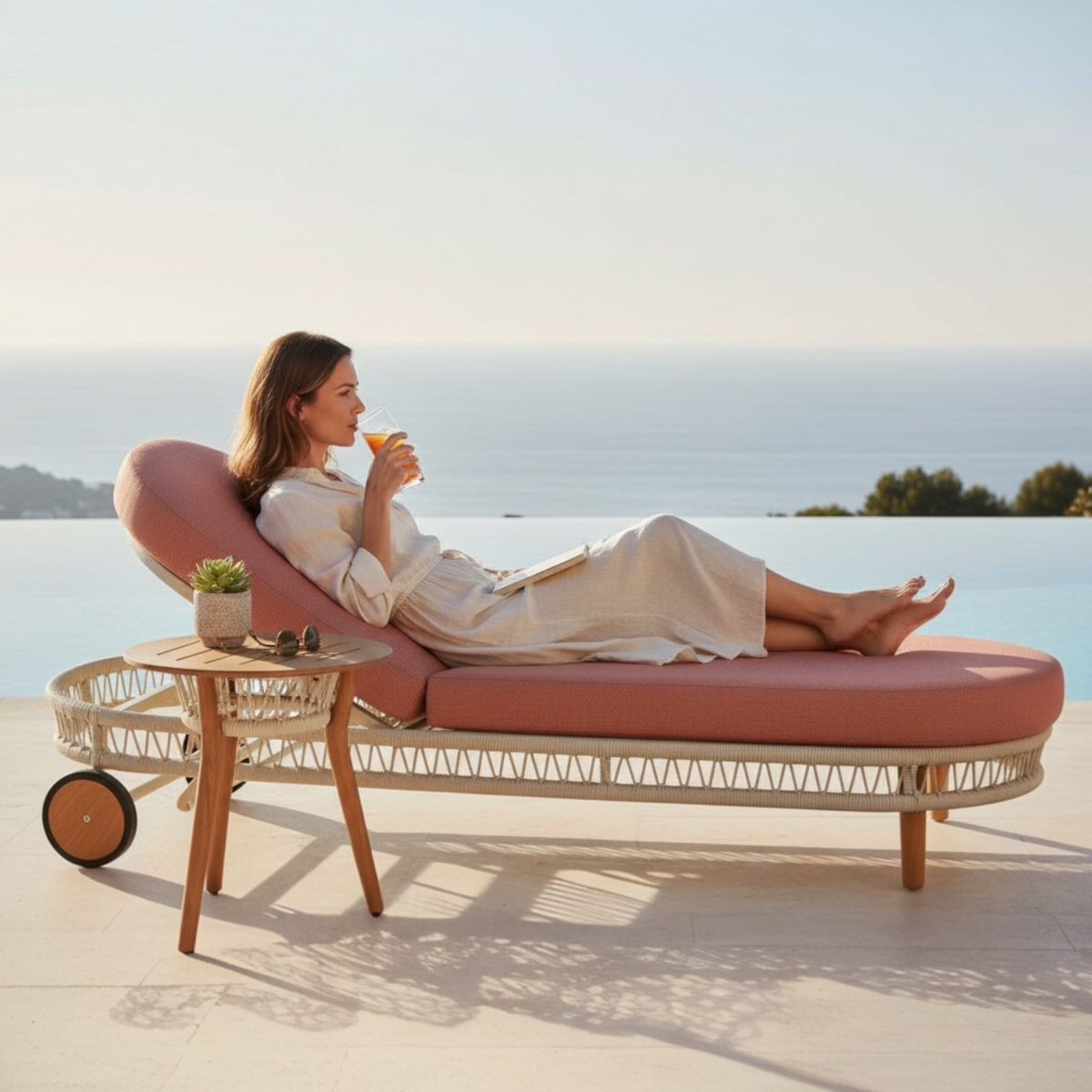 Rose rope and aluminum chaise lounge with pink cushion – shown outdoors (3)