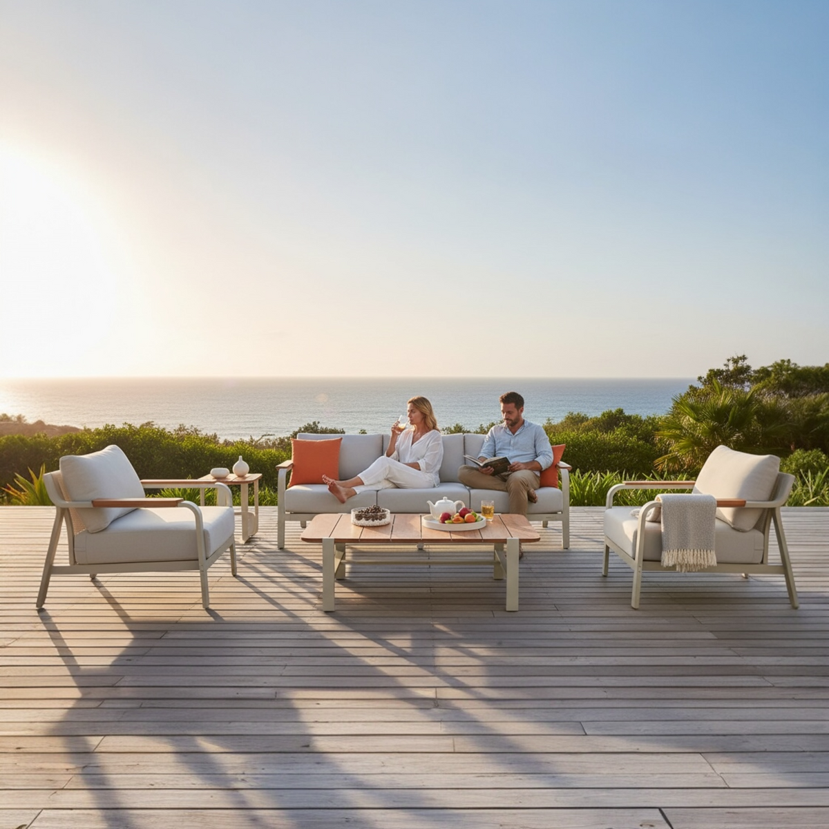 Viscounti cream aluminum and teak patio set with openwork backs – shown outdoors