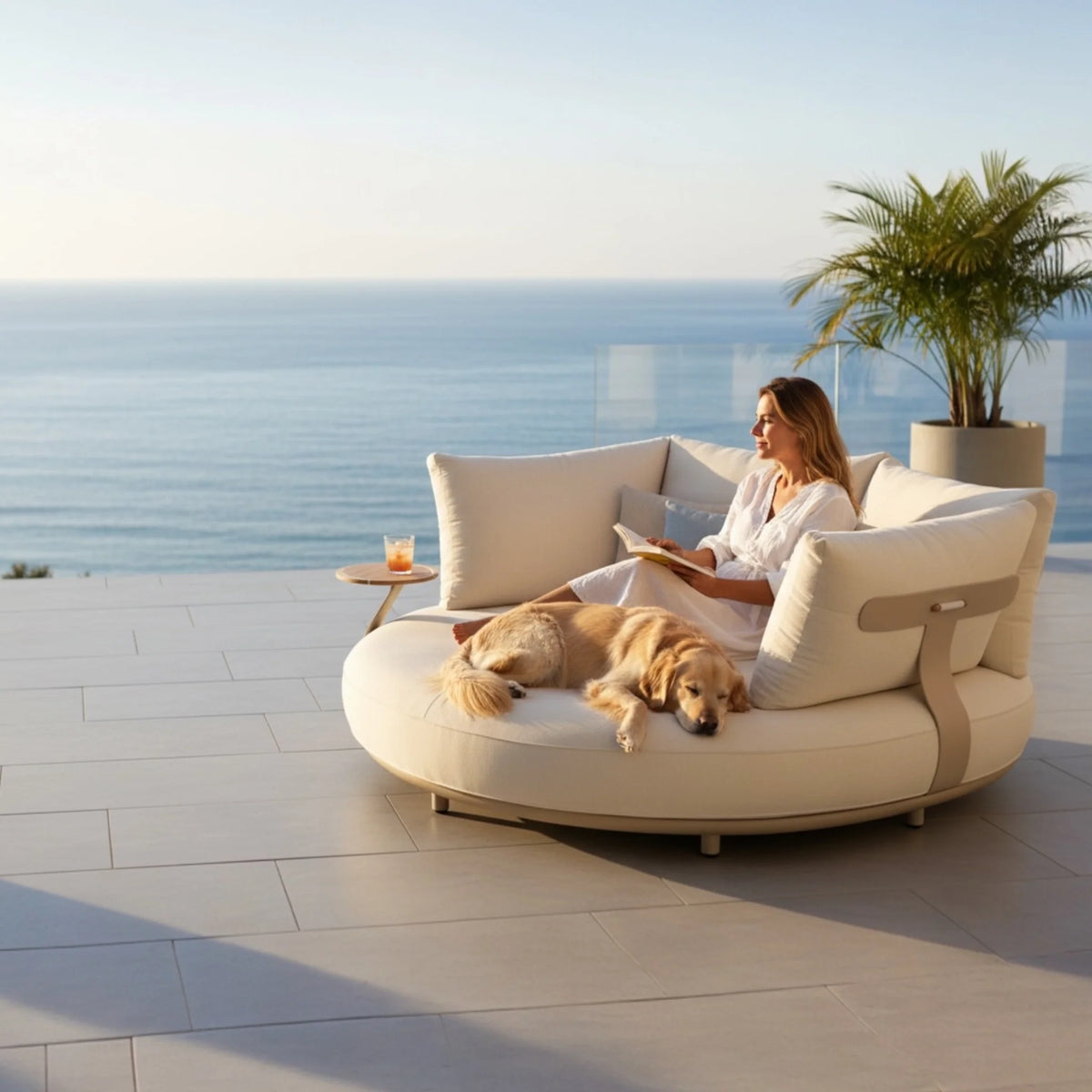 Elyo round beige aluminum pool bed – shown outdoors