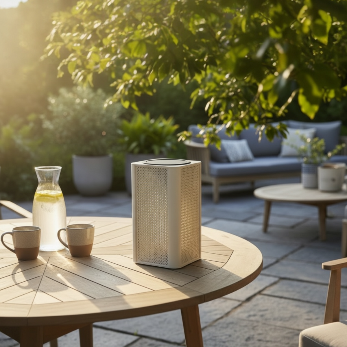 Arlo Cube beige aluminum solar lamp – shown outdoors