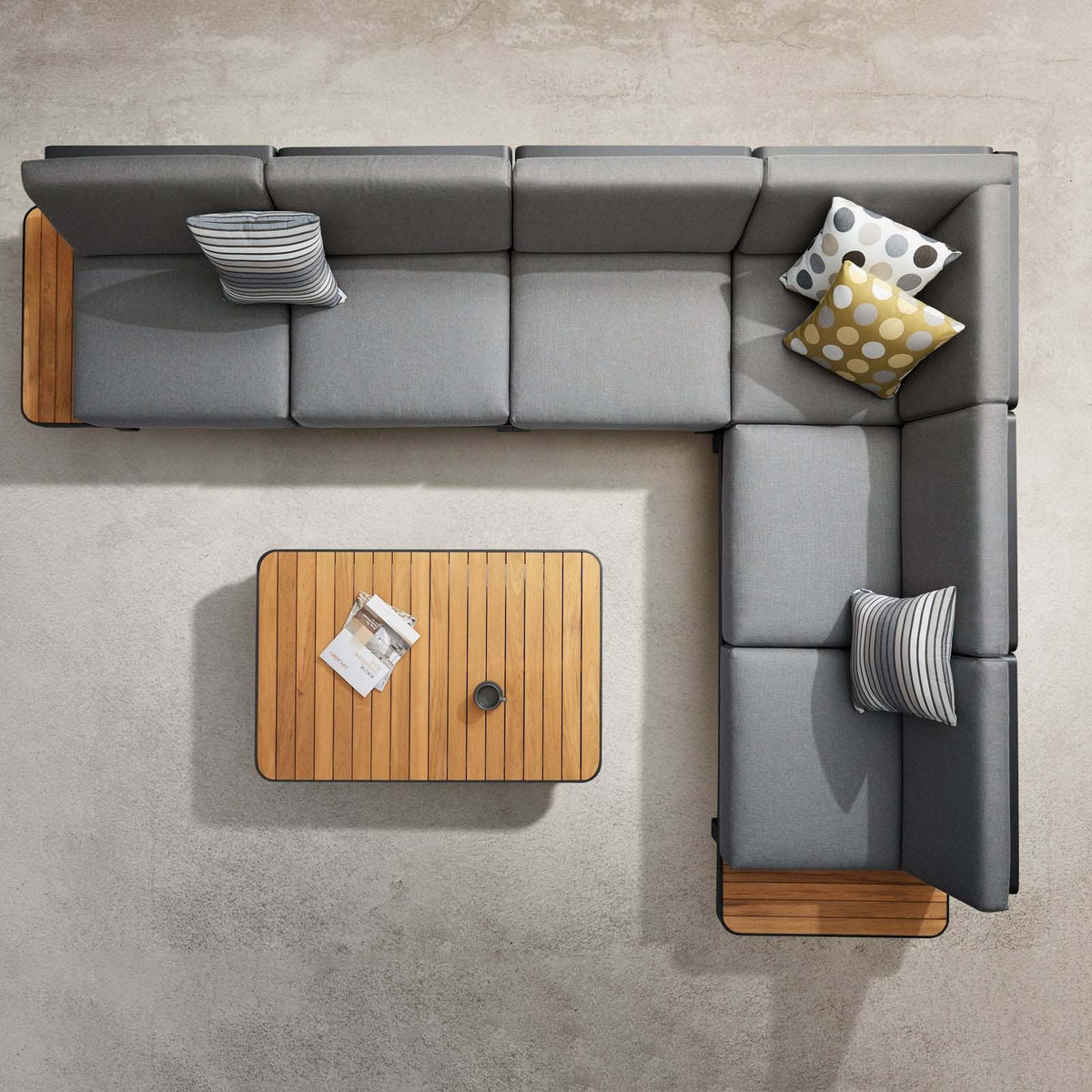 Many aluminum and teak corner sofa with teak-top coffee table – shown outdoors (2)