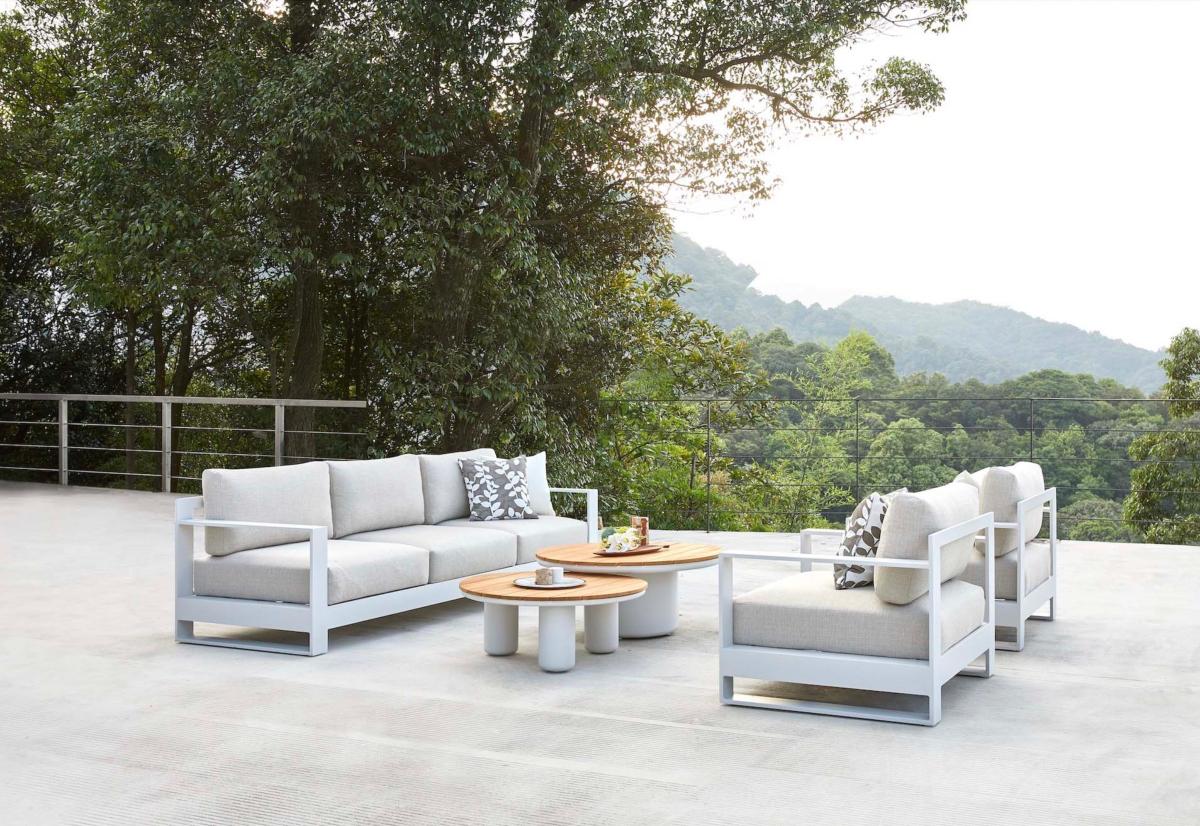 Iris extra-long white aluminum 3-seat outdoor sofa – shown outdoors