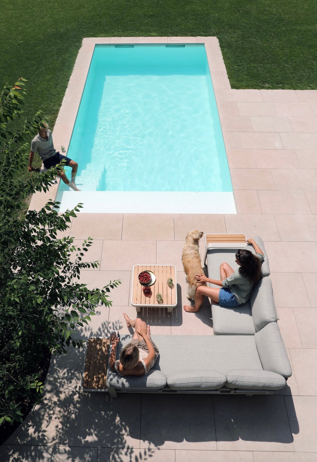 Emilia beige aluminum and teak modular outdoor sectional – shown outdoors (5)