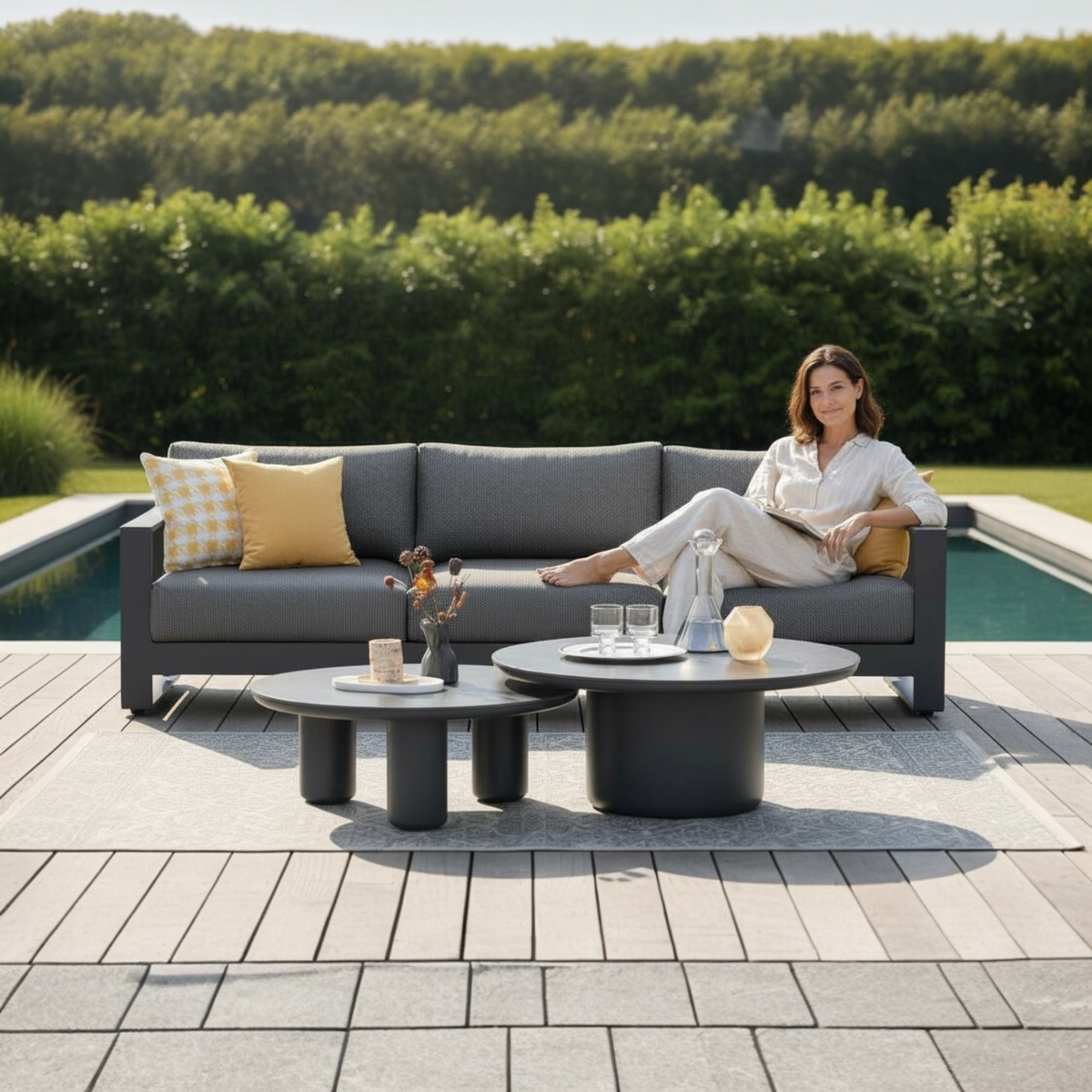 Iris extra-long black aluminum 3-seat outdoor sofa – shown outdoors
