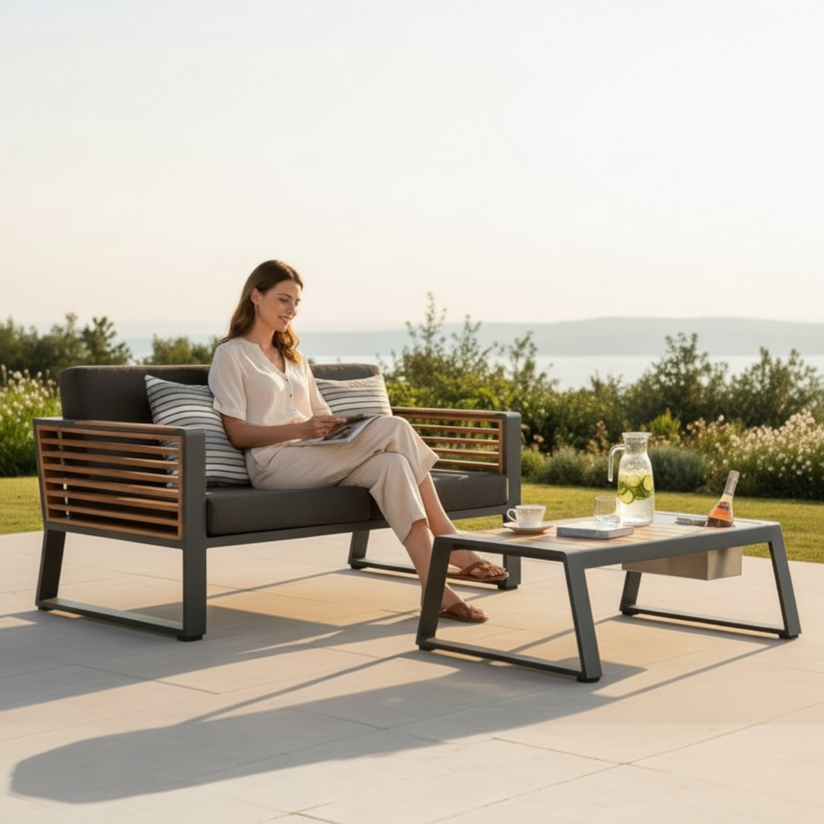 Cofy 2-seat aluminum and teak outdoor loveseat – shown outdoors (2)