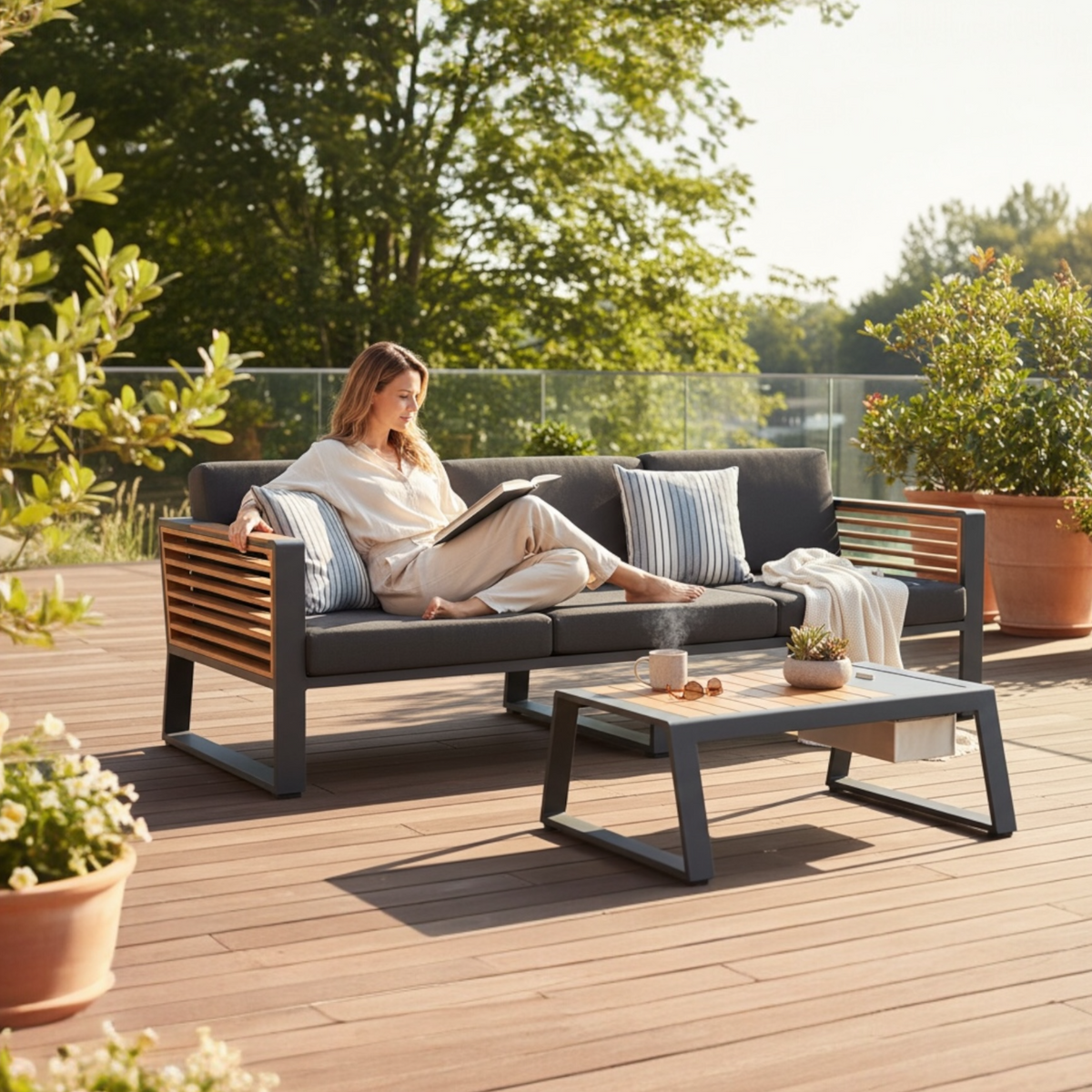 Cofy 3-seat aluminum and teak outdoor sofa – shown outdoors (2)