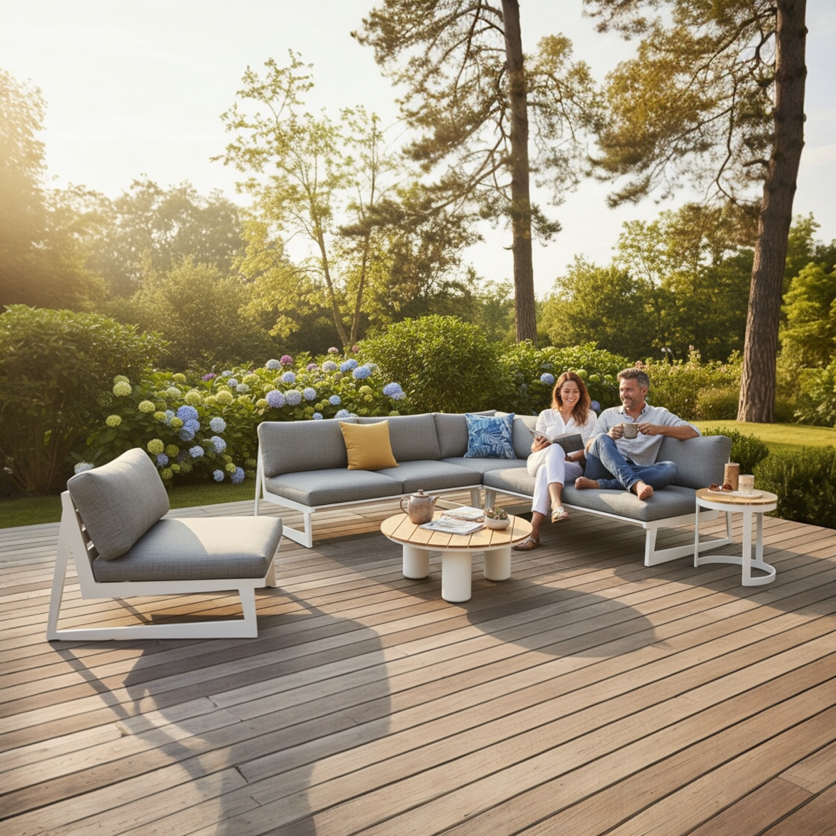 Leo 7-seat white aluminum L-shaped outdoor sectional with gray cushions – shown outdoors (3)