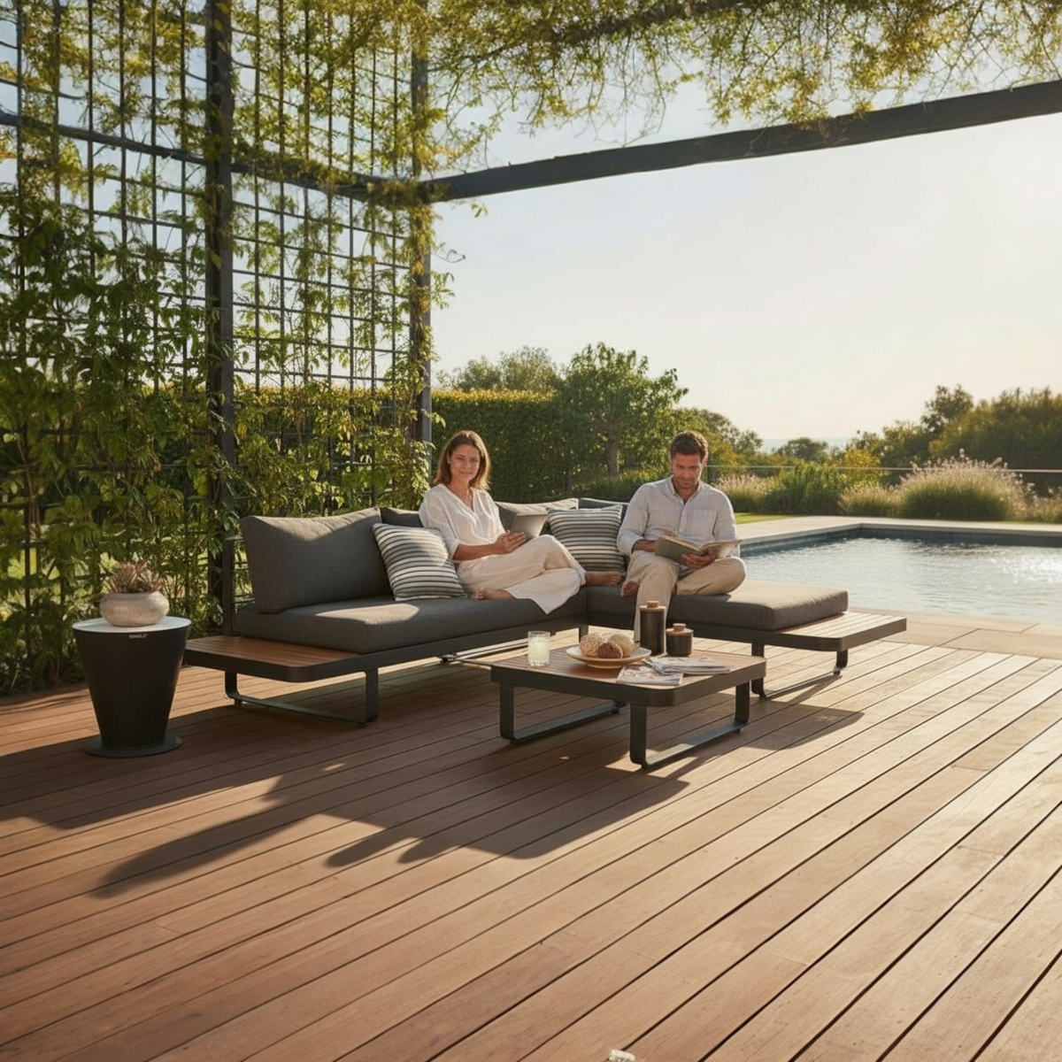 Caribbean anthracite aluminum outdoor sectional with teak side tablets – shown outdoors