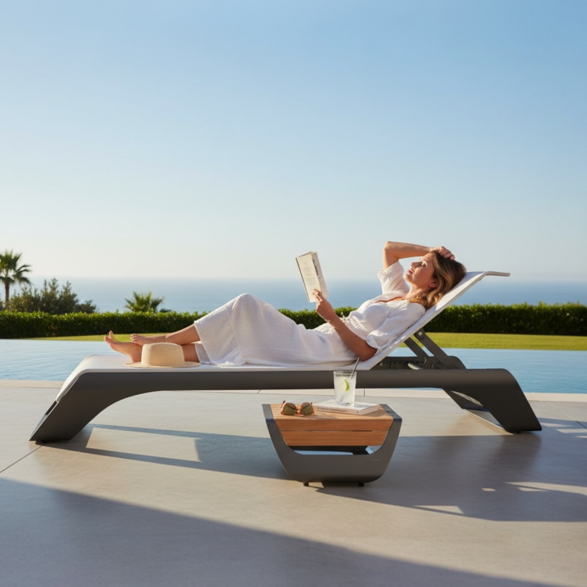 Onda gray aluminum pool lounger with side table – shown outdoors (2)