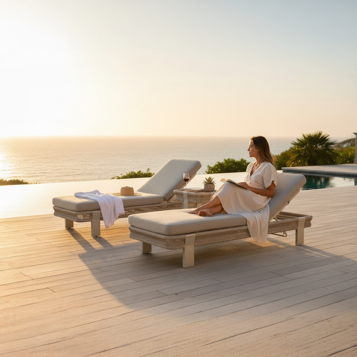Olby aluminum and rope chaise lounges, set of 2 with teak table – shown outdoors (4)
