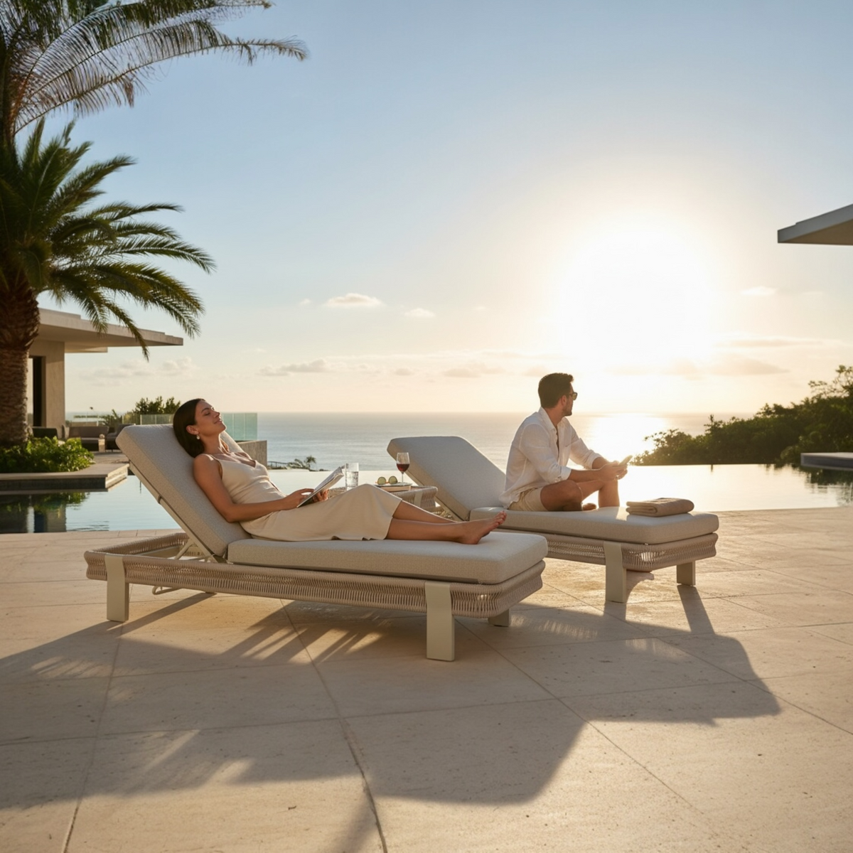 Olby aluminum and rope chaise lounges, set of 2 with teak table – shown outdoors (5)