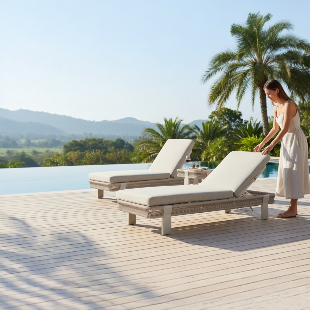 Olby aluminum and rope chaise lounges, set of 2 with teak table – shown outdoors